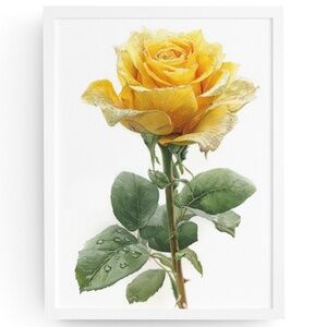 Watercolor Single Yellow Rose Wall Art Print Poster, Unframed - Delicate Floral